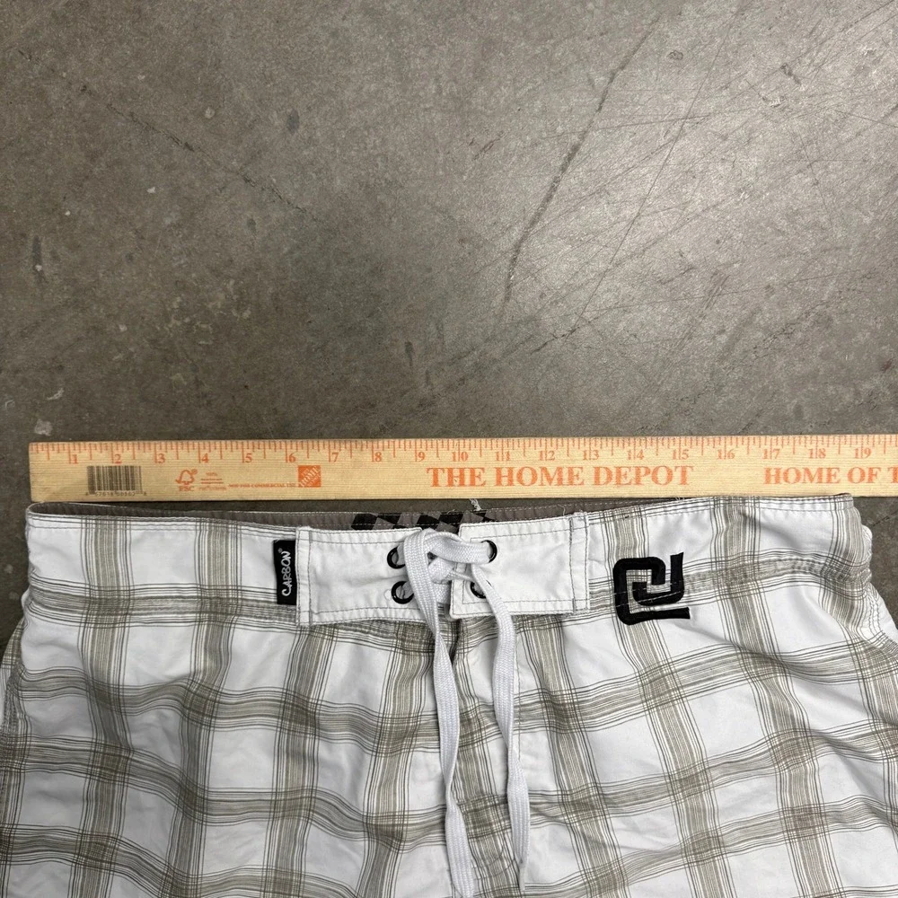 Carbon Mens Board Shorts White Tan Plaid Cargo Pocket Swim Trunks Size Large
